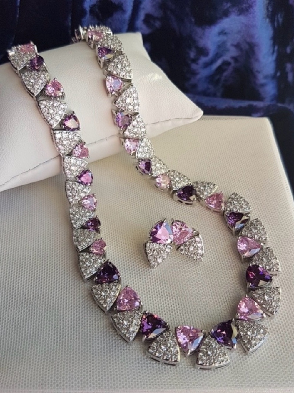 Swarovski Elements Clear Pave, Pink & Purple Triangle Statement Necklace SET NEW